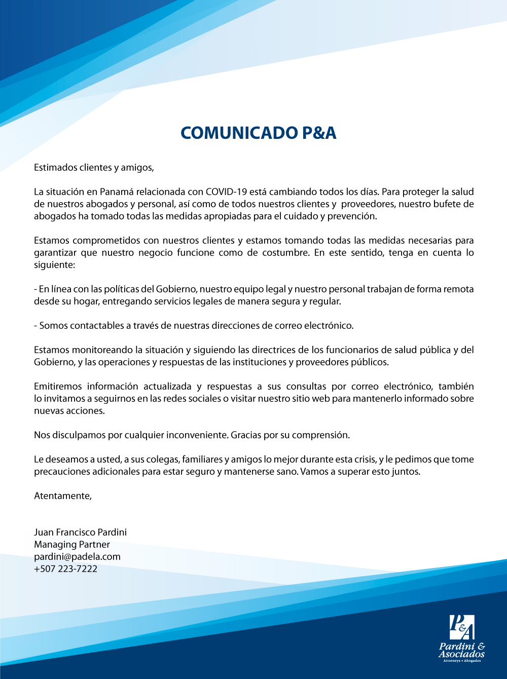 Comunicado P&A ante COVID-19